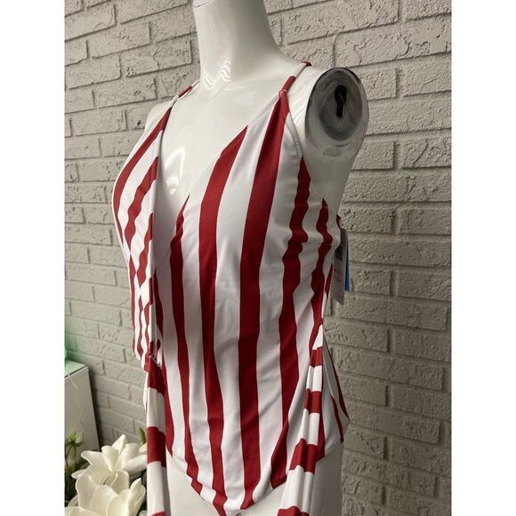 CUPSHE Rust & White Striped One-Piece Wrap Swimsuit Size XXL NWT - Picture 3 of 11